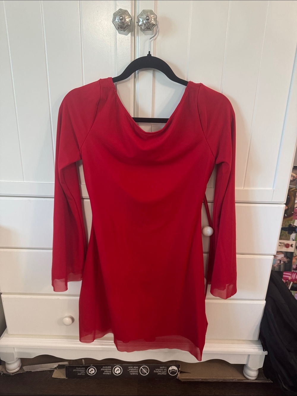 Classic Red Long-Sleeve Dress with Sheer Trim